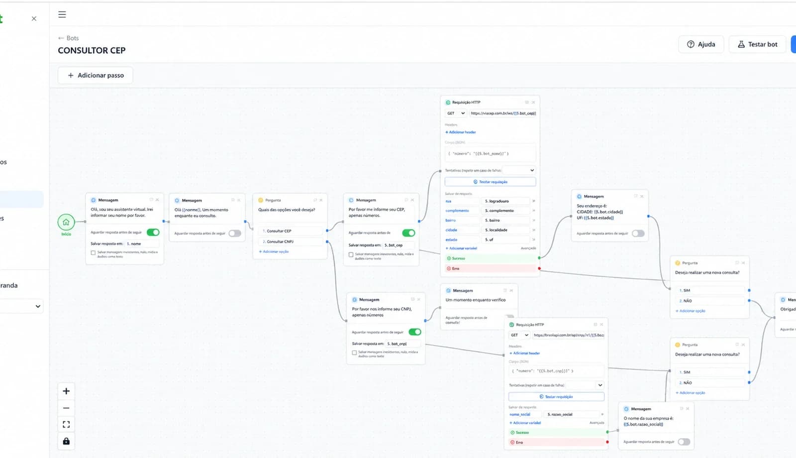 Editor de fluxo do chatbot do izichat